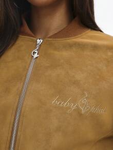 BABYPHAT Oversized Suede Bomber Jacket With Cat Embroidery Zip Front Ribbed Cuffs Fall Winter Outerwear - Brown - View 7