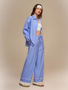 Hanevo 2pcs Women's Blue And White Stripe Loungewear,Collared Button-Up Long Sleeve Top & Waist Tie Pants Set,Elegant Casual Autumn Outfit For Commute - Blue and White - View 5