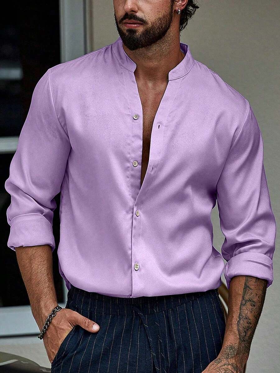 Manfinity Homme 男士纯色单排扣休闲/商务长袖衬衫 - 淡紫色 - 查看 1