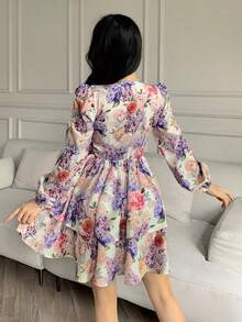 Celisse Váy ngắn tay đèn lồng họa tiết hoa thanh lịch dành cho nữ - Hồng - Xem 2