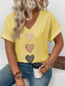 EMERY ROSE Women's V-Neck Cuffed Sleeve, Ombre Heart Print Casual Versatile T-Shirt, Spring/Summer - Yellow - View 5