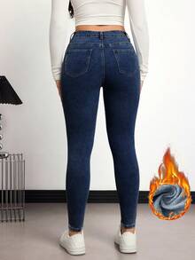SHEIN PETITE Casual Fitted Thermal-Lined Denim Jeans, Autumn/Winter - Dark Wash - View 2