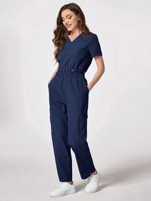 TaskEZ 1pc Solid Color Minimalist Elastic Waist Diagonal Pocket Scrub Pants Scrub Uniform Bottoms - Navy Blue - View 4