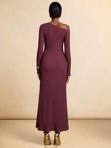 Vesra Robe longue élégante à fronces de couleur unie avec épaule asymétrique pour femmes - Tabac - Voir 2
