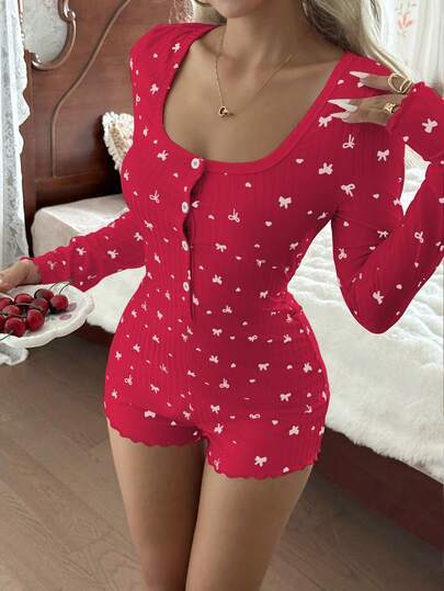 SHEIN Mono de manga larga casual y cómodo de punto acanalado con estampado de lazo y corazón con cremallera media para mujer