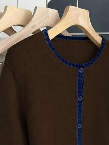 Franclia French Retro Loose Crew Neck Long Sleeve Contrast Trim Knit Cardigan For Women, Autumn/Winter - Brown - View 3