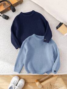 SHEIN 2pcs/Set Back To School Young Boys' Brown & Khaki Textured Loose Pullover Sweaters, Versatile For Casual Wear, Home, And School - Blue - View 3