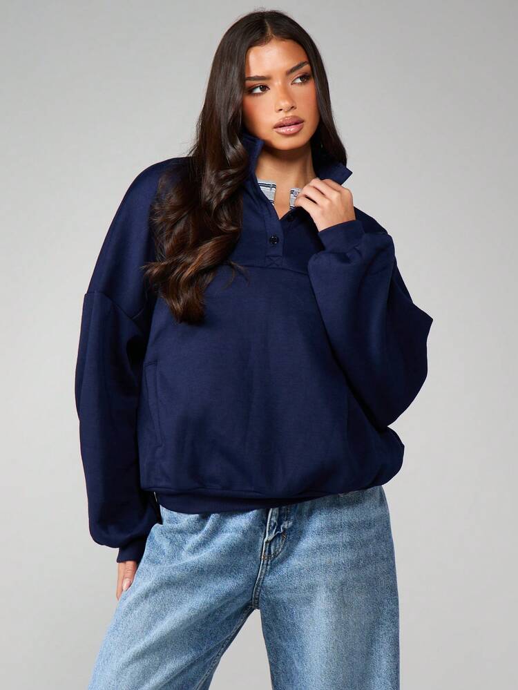 MISSGUIDED Oversized Navy Funnel Neck Sweatshirt With Button Detail And Long Sleeves For Fall Winter Casual Everyday Wear