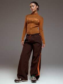 MUSERA Zip Through Contrast Colour Ribbed Zip Through Fitted Knit Top Winter Coolgirl Cosy Cute Outdoors Explorer Y2k Spring - Multicolor - View 5