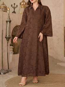 Modelyn Robe élégante et luxueuse à manches longues, col de chemise en tissu jacquard texturé avec décoration de strass - Marron - Voir 6