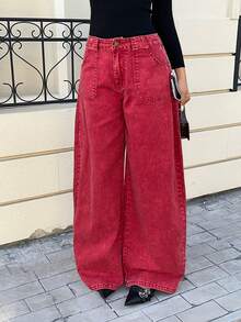 Muchica Red American Retro High Street Wide-Leg Jeans, New Autumn/Winter Style, Banana Pants, Ankera Red Loose Wide-Leg Jeans.Christmas Red Jeans Party Pants - Burgundy - View 3