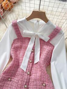 GlowEve 女士格子拼接系领纽扣设计优雅二合一连衣裙 - 粉色 - 查看 3