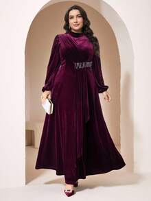 Veilorie Plus Size Women's Elegant Velvet Arabic Style Dress - Burgundy - View 8