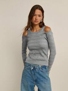 Nöista Grey Cold Shoulder Knit Top Sweater,Slim Fit Ribbed Texture Elegant Soft Stretchy Fabric For Autumn,Casual Night Out,Winter Holiday Parties - Grey - View 12