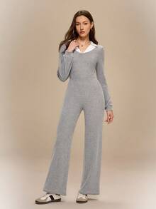 Firalyn Women's Colorblock Lapel Long Sleeve Casual Jumpsuit, Suitable For Daily Wear, Autumn/Winter - Grey - View 8