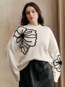 Anewsta Áo len chui đầu thêu hoa 3D thủ công màu trơn cỡ lớn, thích hợp cho mùa thu, đông, thường ngày, thanh lịch, trang trọng, tiệc tùng, thời trang, năm mới, giáng sinh, công sở, tốt nghiệp, đám cưới - trắng - Xem 2