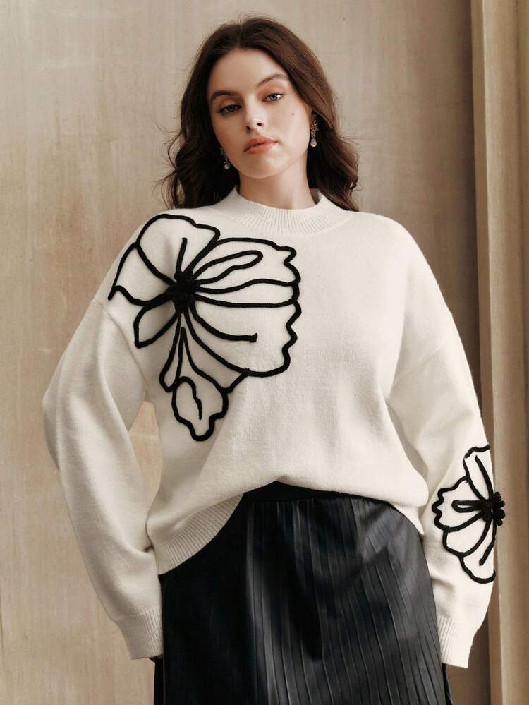 プラスサイズ 無地 カジュアル ハンドメイド 3Dフラワー刺繍 ニットプルオーバー セーター、秋冬、カジュアル、エレガント、フォーマル、パーティー、ファッショナブル、新年、クリスマス、仕事、卒業、結婚式に適しています