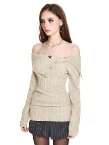 ROMWE Y2K风格露肩罗纹针织毛衣，腰部收紧 - 杏色 - 查看 7