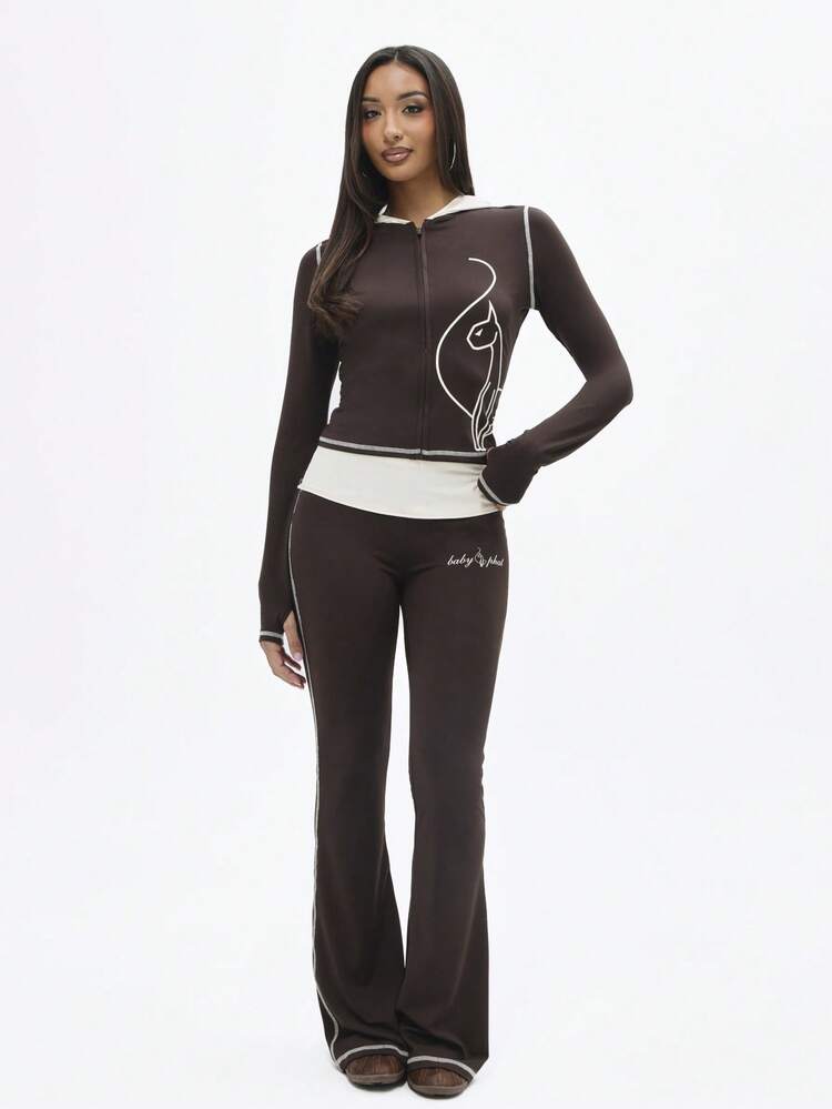 BABYPHAT Zip Up Hooded Top With Contrast White Trim And Hood Detail Long Sleeve Fitted Cropped Design Cat Silhouette Print