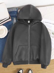 SHEIN 少女休闲连帽落肩长袖拉链外套，秋冬季 - 深灰色 - 查看 5