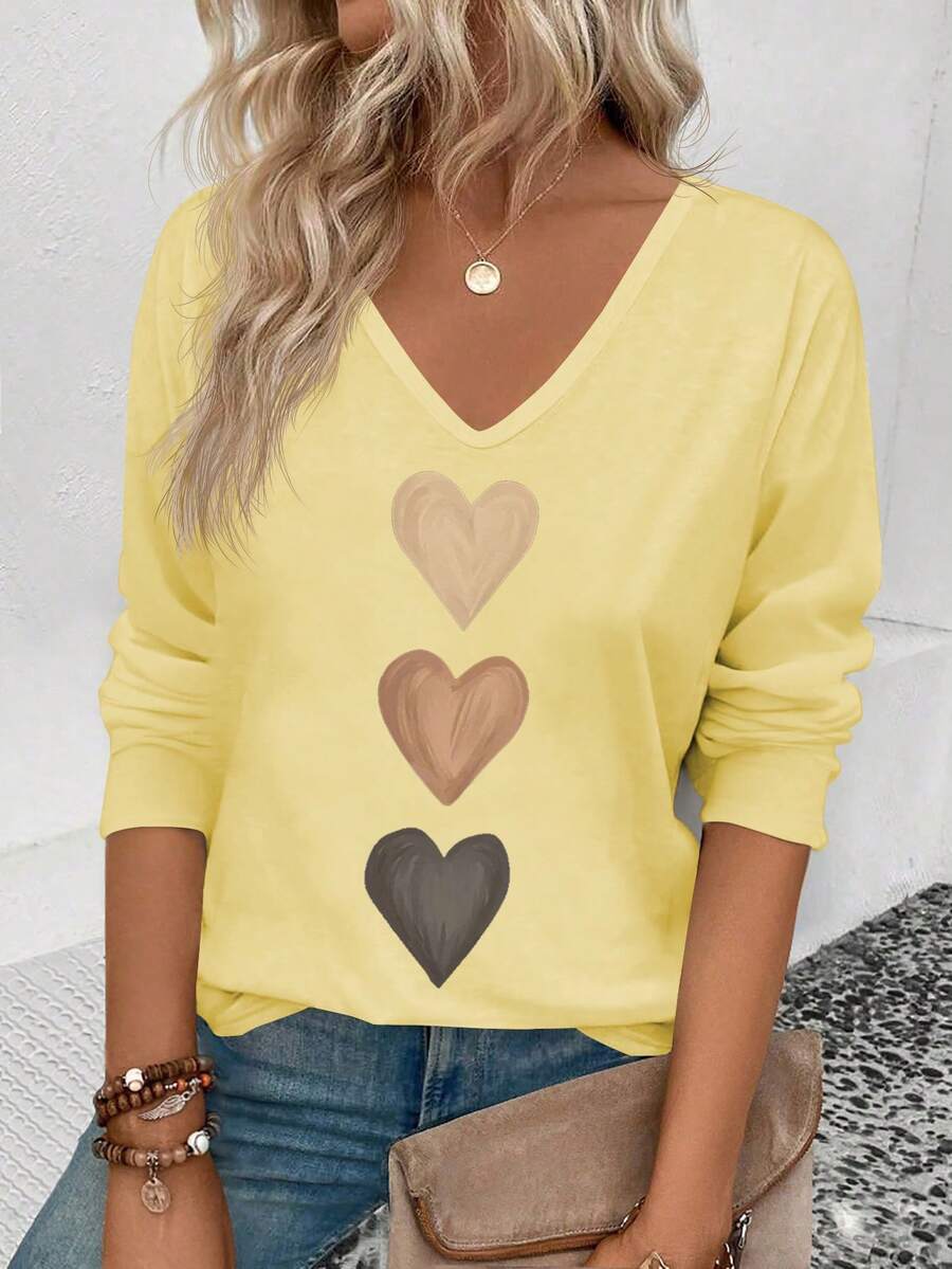 EMERY ROSE Women's V-Neck Cuff Sleeve, Popular Ombre Heart Print Casual Versatile Long Sleeve T-Shirt - Yellow - View 1