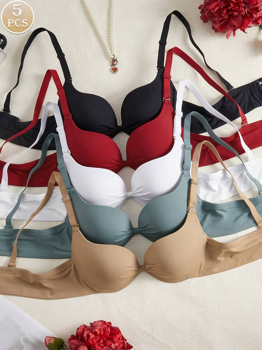 5件装女士休闲纯色可拆卸肩带柔软蝴蝶结罩杯钢圈支撑内衣文胸