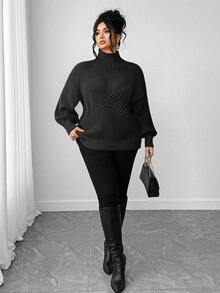 Elenzga Plus Size Women Solid Color Turtleneck Knit Pullover Sweater, Versatile For Daily Wear, Winter - Black - View 7