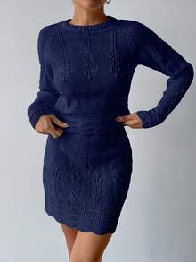 EURMUSE Elegant Texture Knit Hollow Out Sweater & Sweater Skirt Co-Ords 2 Pieces Set - Navy Blue - View 2