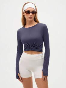 SHEIN Sports 女士纯色圆领长袖扭结下摆短款运动T恤 - Bold Plum - 查看 5
