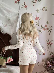 SHEIN 女士半拉链蝴蝶结爱心印花可爱罗纹针织连体裤，休闲舒适长袖