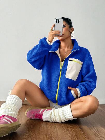 Exploreva Varm sportjacka med färgblock och lappmönster, utomhusfleecejacka, höst/vinter