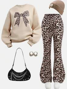 SHEIN Girlism 2pcs/Set Teen Girls' Casual Vintage Leopard Print Bow Decor Round Neck Long Sleeve Sweatshirt And Leggings, Khaki, Suitable For Autumn/Winter, New Streetwear, Punk, Vintage, Back To School Outfit - Khaki - View 1