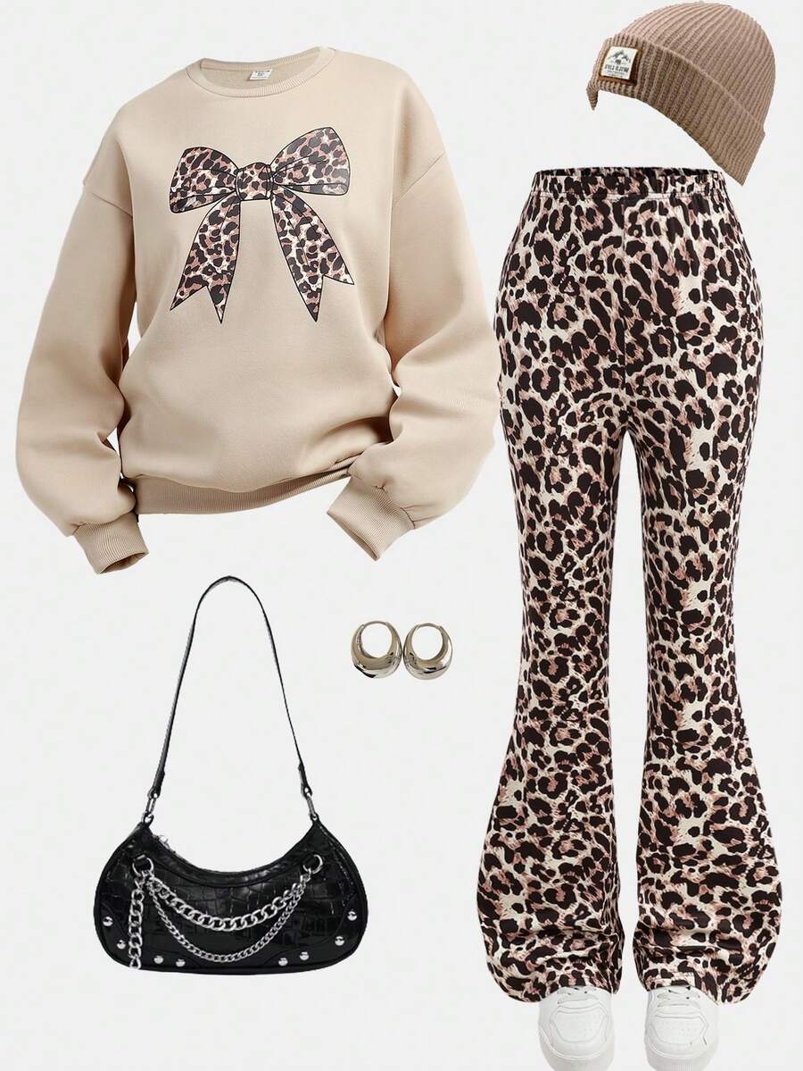 SHEIN Girlism 2pcs/Set Teen Girls' Casual Vintage Leopard Print Bow Decor Round Neck Long Sleeve Sweatshirt And Leggings, Khaki, Suitable For Autumn/Winter, New Streetwear, Punk, Vintage, Back To School Outfit - Khaki - View 1