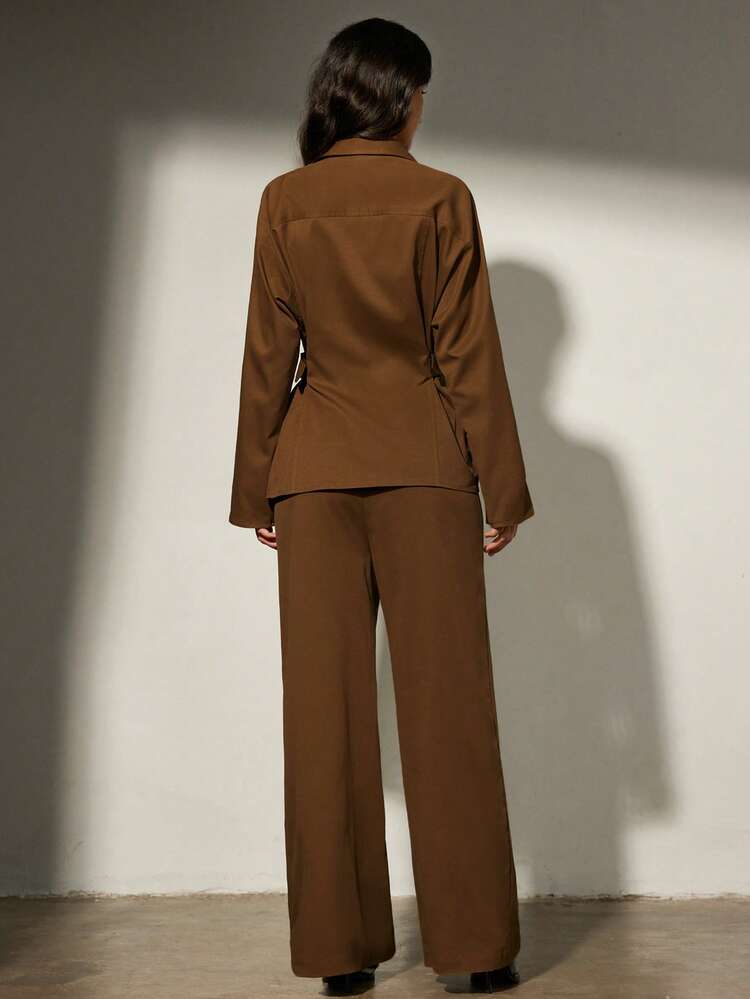 Aveloria Modichic Fashionable Solid Color Oblique Striped Pocket Decor 2 Pieces Set For Women, Autumn/Winter, European And American Style - Coffee Brown - View 2