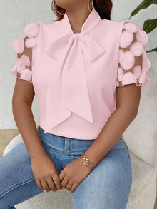 EMERY ROSE Plus Size Women Elegant Casual Mesh Patchwork Sleeve Blouse - Pink - View 1