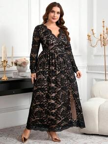 Reflora Curvy Plus-Size Women's V-Neck Lace Long-Sleeved Slit Dress,Beige,Autumn,Elegant,Wedding Guest Luxury Evening Graduation Party Christmas Black Dress - Black - View 7