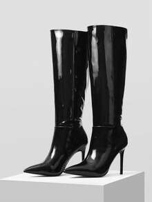 Mnmlis Elegant Wine Red Patent Leather Tall Boots With Metal Buckle Strap, Slim High Heel - Black - View 2