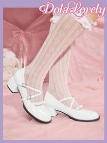 Dola Lovely Giày cao gót mũi tròn đế dày màu trắng đính nơ ngọt ngào dành cho nữ, thích hợp cho lễ Halloween, Giáng sinh, Lễ tạ ơn - trắng - Xem 4