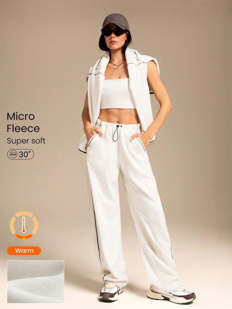 Micro Fleece Cozy Season Soft Warm Contrast Stitching Pockets Adjustable Elastic Waist Slouchy Barrel-Leg Pants Autumn Winter Outdoors Daily Casual Wear