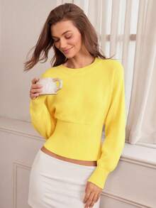 Hanevo Casual Round Neck Drawstring Waist Slim Fit Solid Color Knit Sweater, Versatile For Autumn/Winter - Light Yellow - View 5
