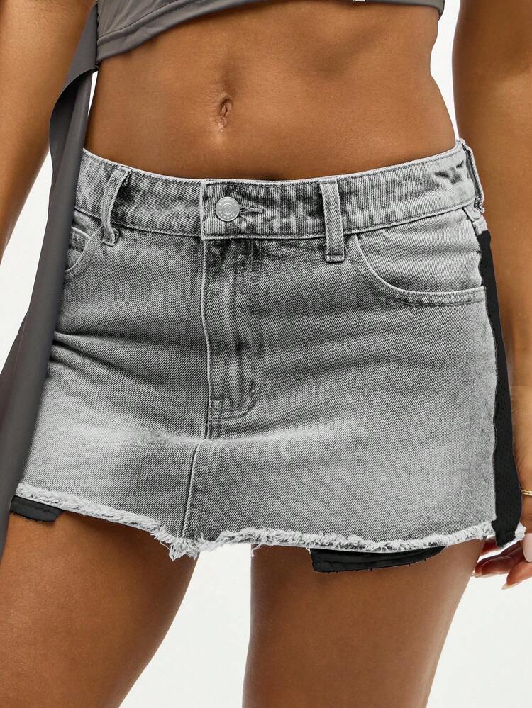 SUMWON WOMEN 닳은 밑단이 있는 데님 패치워크 미니 스커트