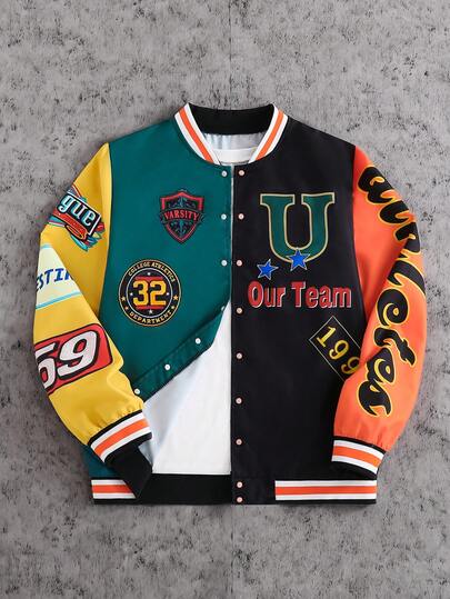 Coolqubz 1 st. tonårspojke casual street färgblock basebolljacka för tonårspojkar, huvudfärgerna är orange, marinblå, grön och gul, dekorerad med sportelement som laglogotypen, nummer "59" och "32", snygg och cool, unisex kan kombineras med vit t-shirt och mörka jeans