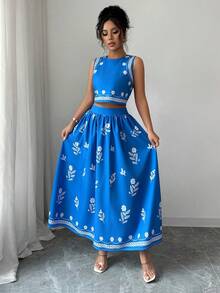 Selianne 2 件套女士无袖上衣和裙子，夏季时尚 - 藍色 - 查看 6