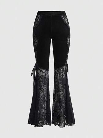 Goth Pantaloni ampi in velluto trasparente con patchwork in pizzo, stile gotico vintage, romantico e misterioso, per le donne