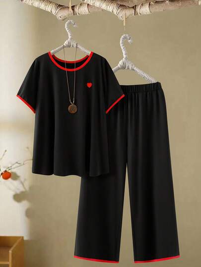 EMERY ROSE Conjunto informal de 2 piezas para mujer talla grande, con bordado de corazón, estilo de bloque de color, conjunto casual de uso diario, minimalista y suelto, cómodo, ropa de estar en casa, ropa casual para exteriores, de moda, conjunto de camiseta suelta y pantalones de primavera/verano