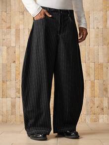 SWAVVY 男士时尚休闲宽松条纹刺绣长裤，秋季 - 黑色 - 查看 2