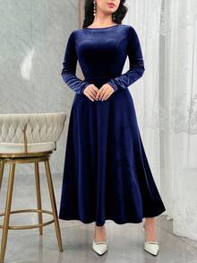 Modelyn Elegant Navy Blue Velvet Dress For Women,Autumn Long Sleeve Backless Waist Cinched New Year's Outfit,Royal Blue Dining Dress - Navy Blue - View 5