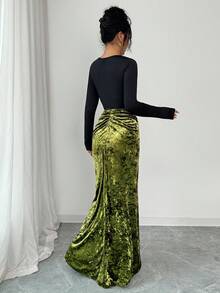 Elenzga Vestido de mujer con diseño de parche de estilo retro europeo y americano, cuello redondo, vestido de terciopelo estilizante de parche 2 en 1 con decoración de hebilla de metal en la cintura, dobladillo plisado irregular, elegante y exquisito vestido de fiesta de noche, vestido de manga larga, adecuado para mujeres de 20 a 35+ años para vacaciones, citas, galas