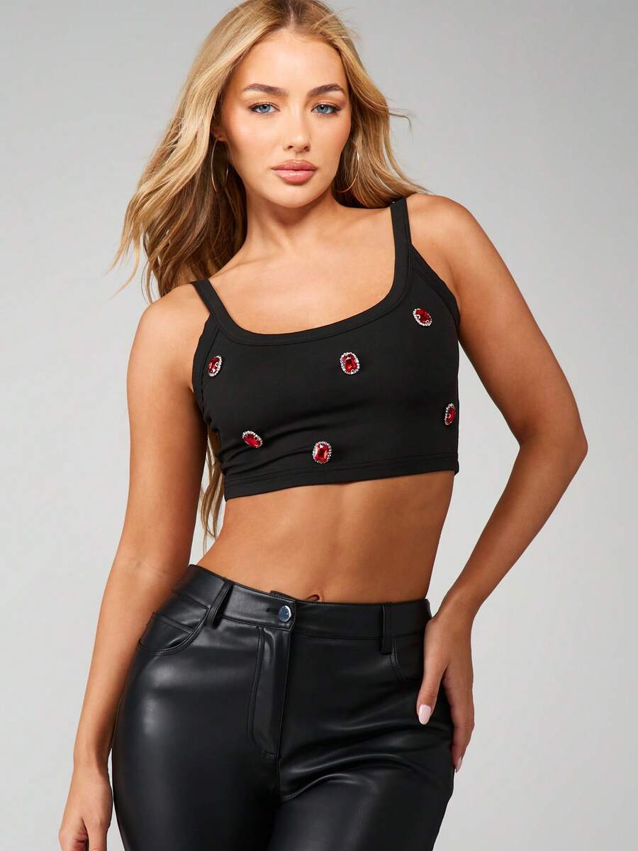 MISSGUIDED Embellished Rhinestone Detail Scoop Neck Sleeveless Cami Top Fitted Crop Length Perfect For Layering Evening Casual Wear - Black - View 1