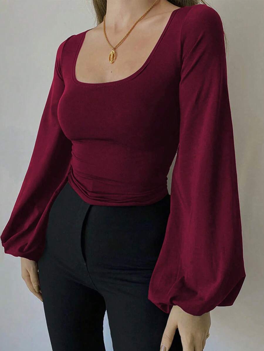 EMERY ROSE Áo thun tay dài cổ vuông tay đèn lồng màu trơn cỡ lớn dành cho nữ - Màu Đỏ Sâu - Xem 1